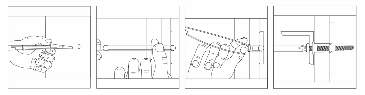 4 figures showing step-by-step snap toggle instructions for hollow walls