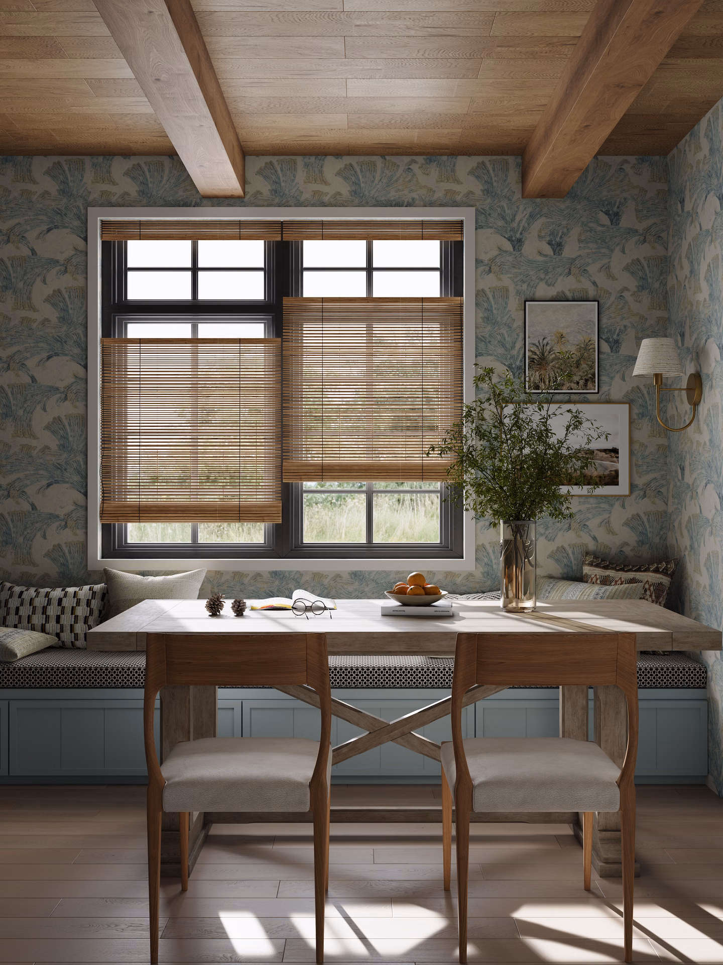 Custom bottom up woven wood shades in a cozy dining nook