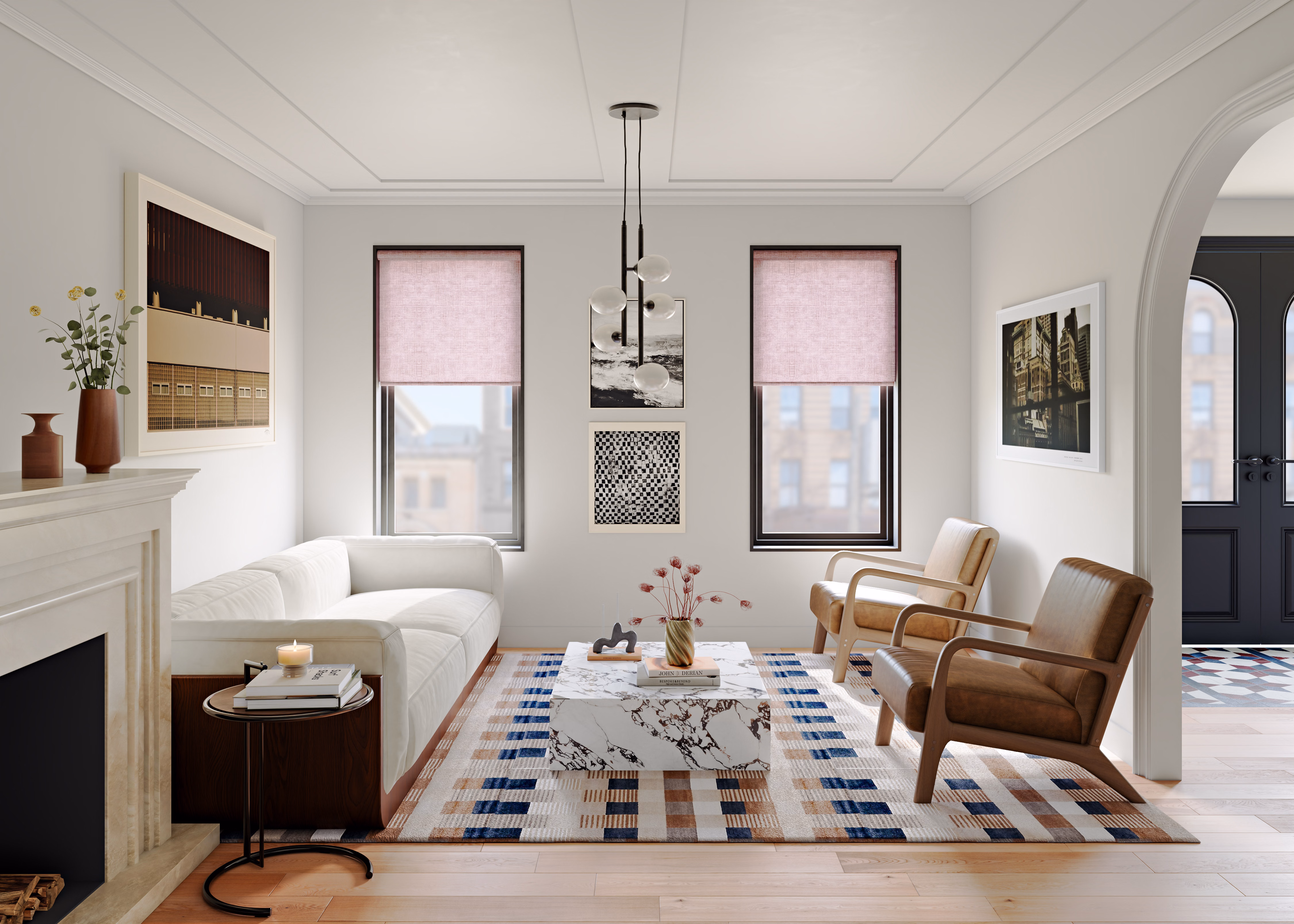 Light filtering roller shades in a brownstone's living room
