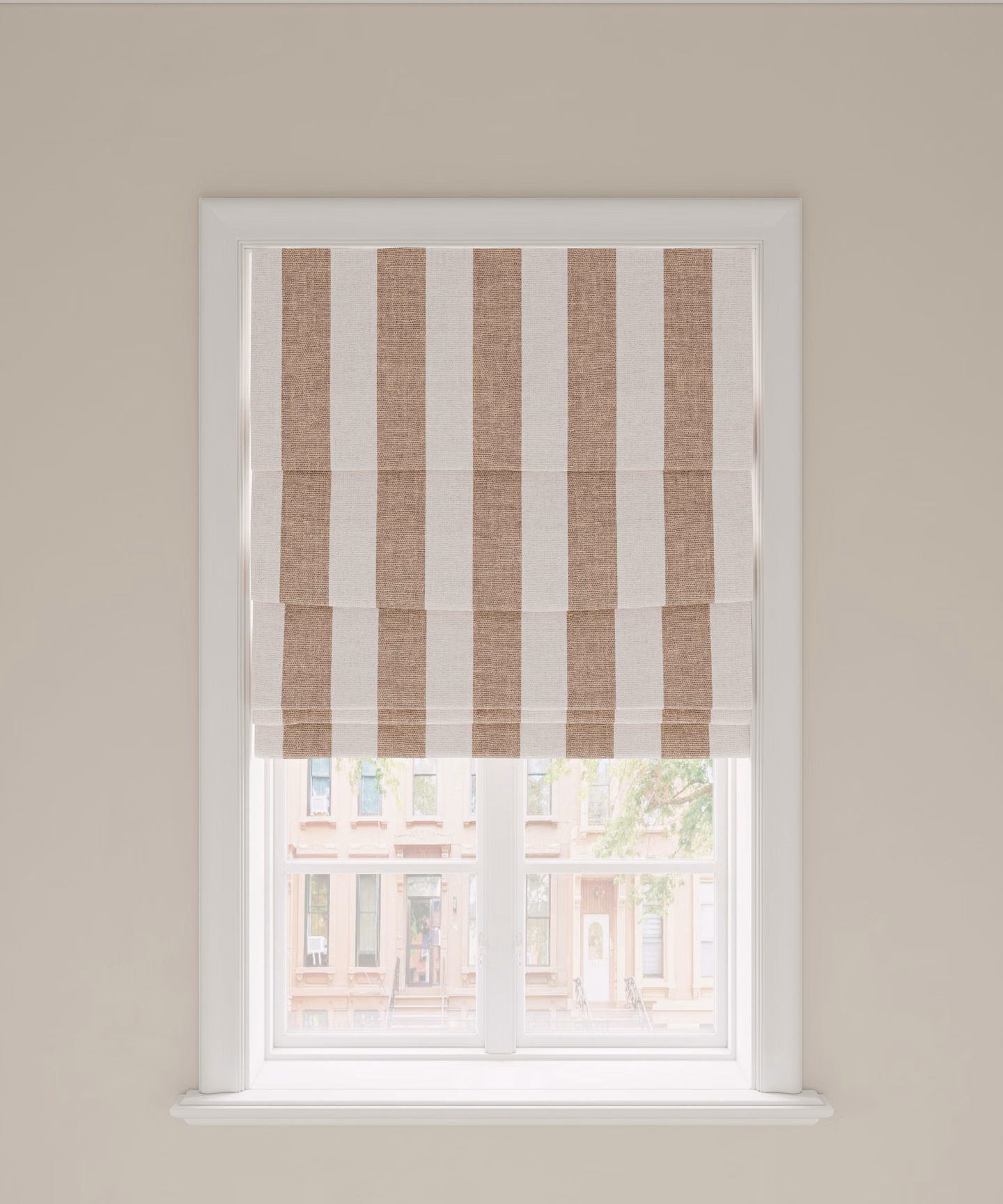 A hobbled Roman shade with vertical stripes