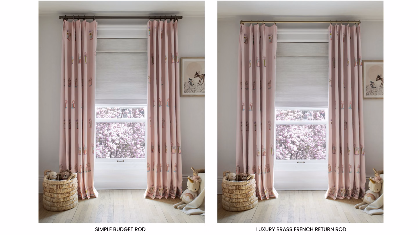 Side-by-side view of luxury and budget decorative curtain rods in a living room, showing differences in rod design and hardware finishes.