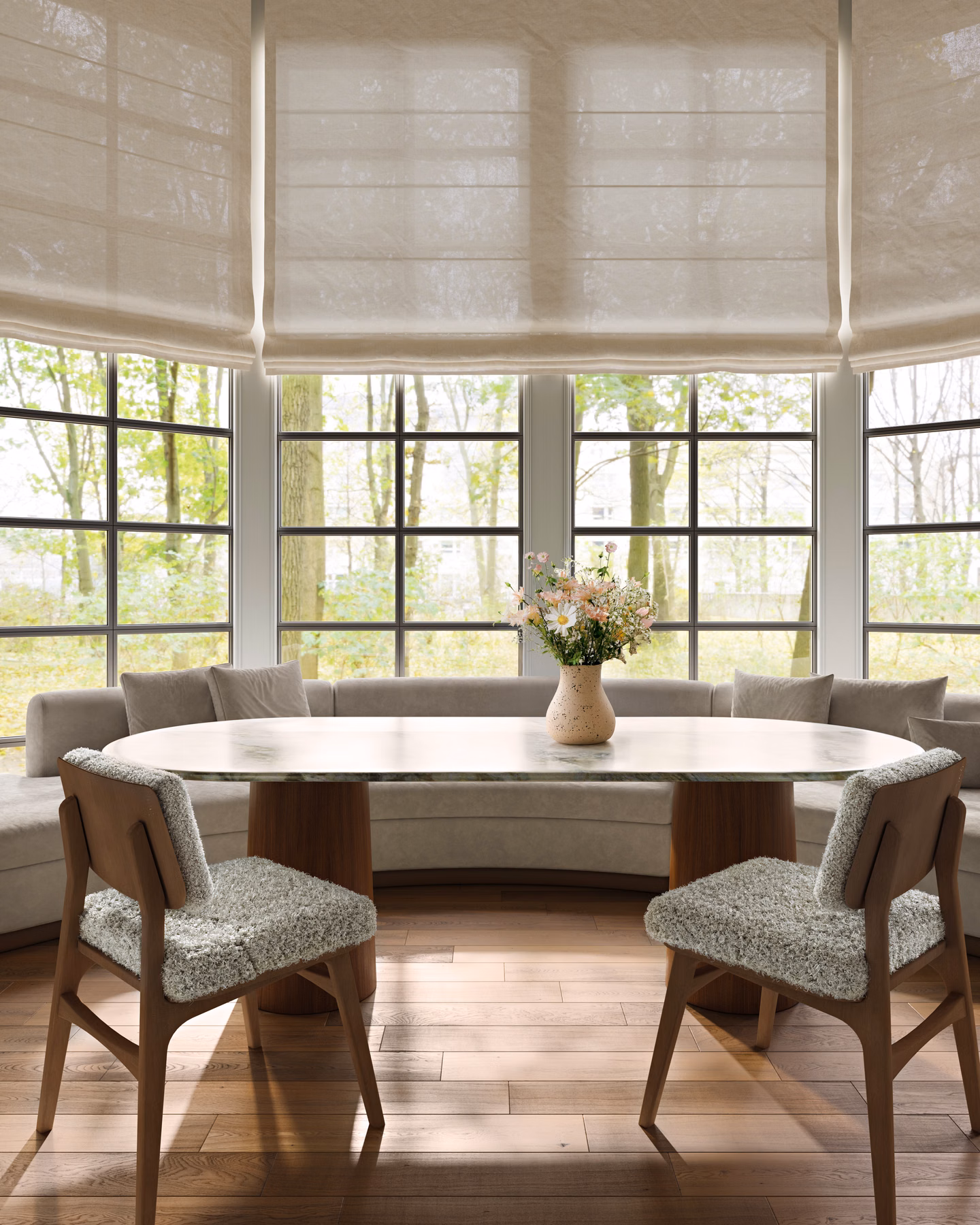 Roman shades in a dining nook