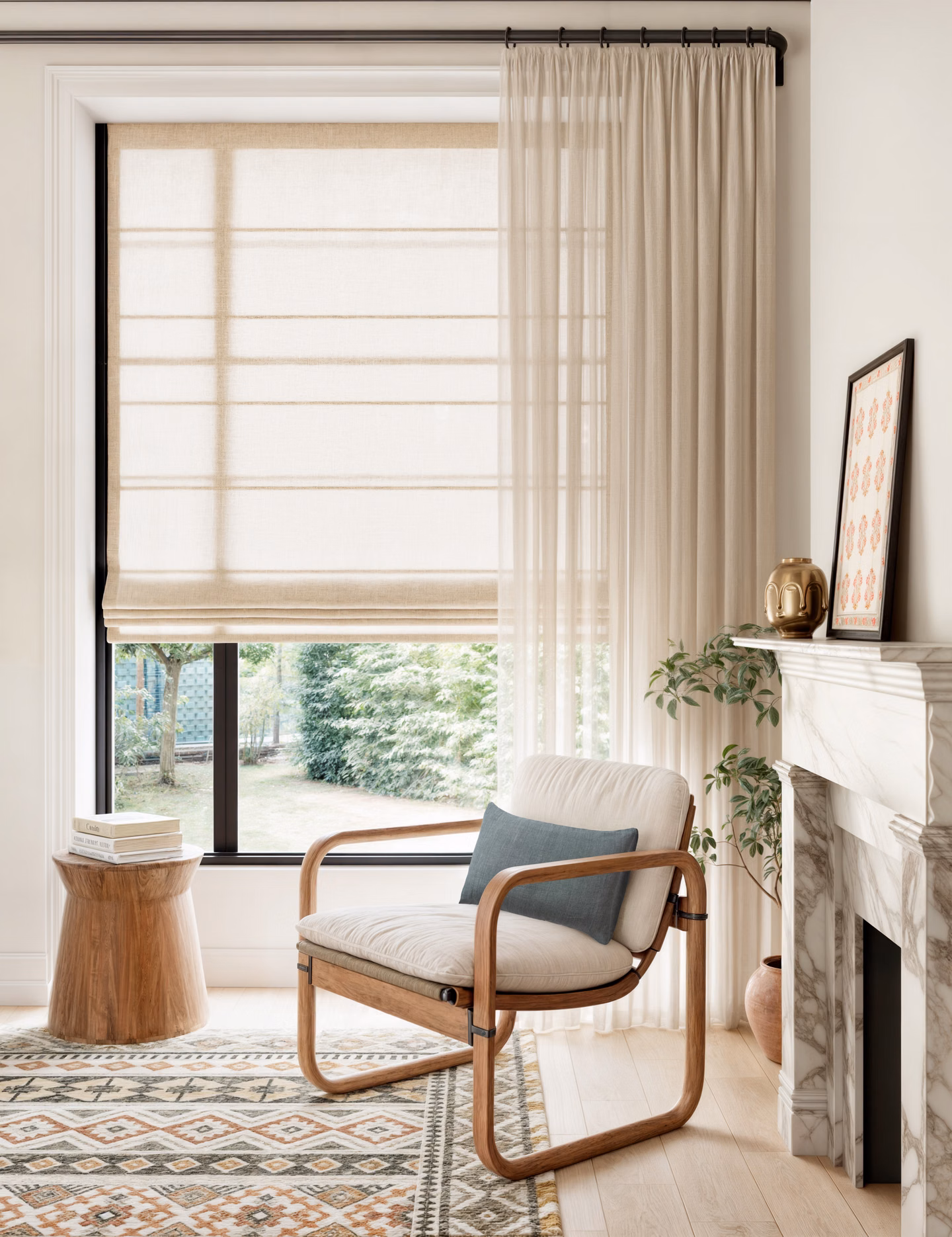 Custom french return rods with sheer fabric drapery.