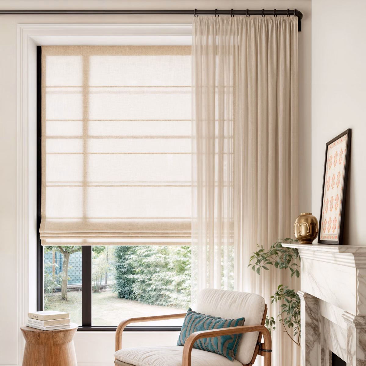 Custom french return rods with sheer fabric drapery.