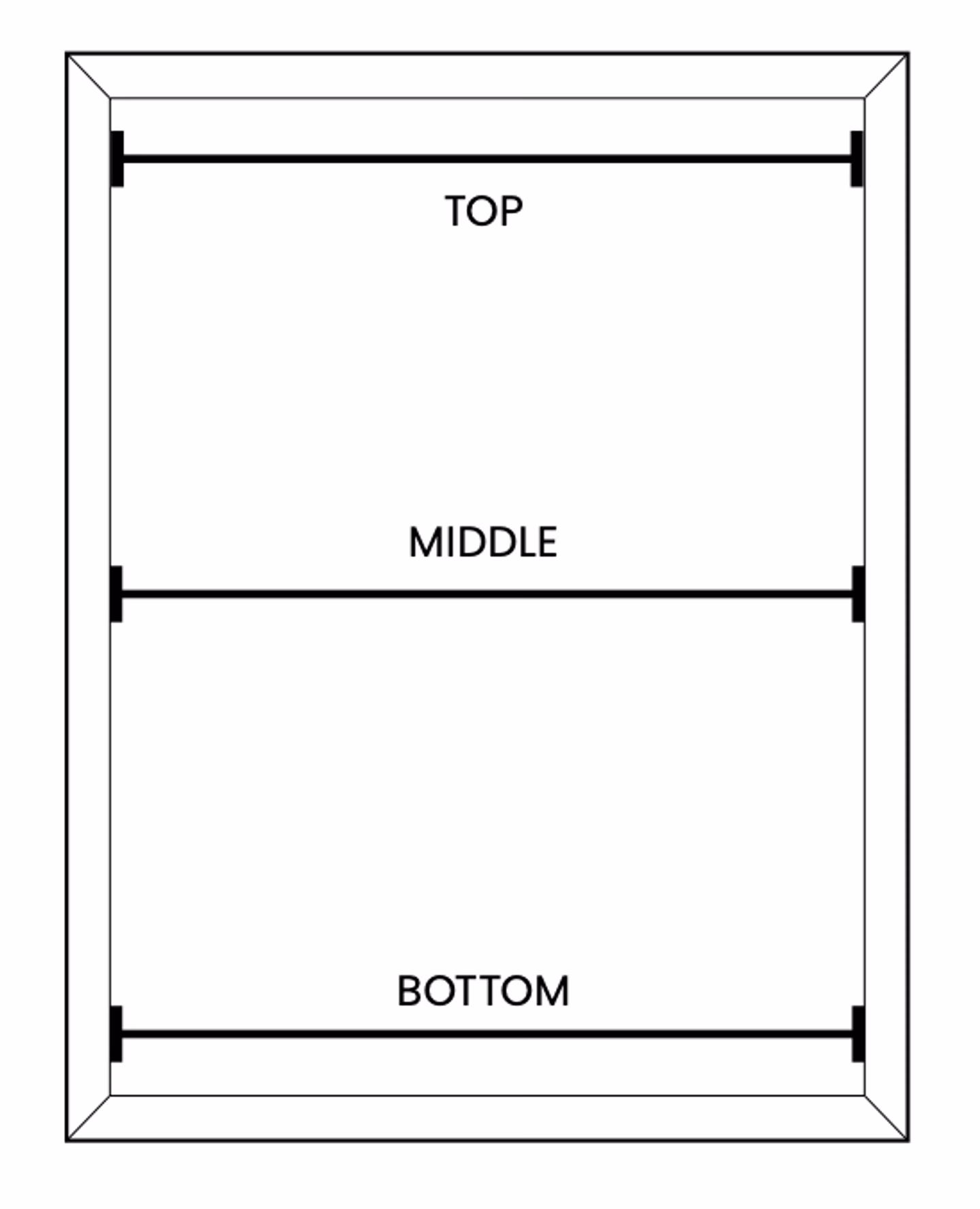 Diagram showing how to measure inside window width at three points — top, middle, and bottom — from inner edge to inner edge