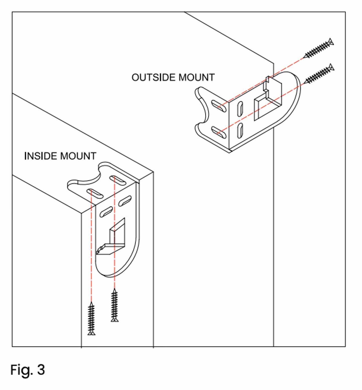 Diagram showing bracket installation for inside mount and outside mount roller shades with screw placement