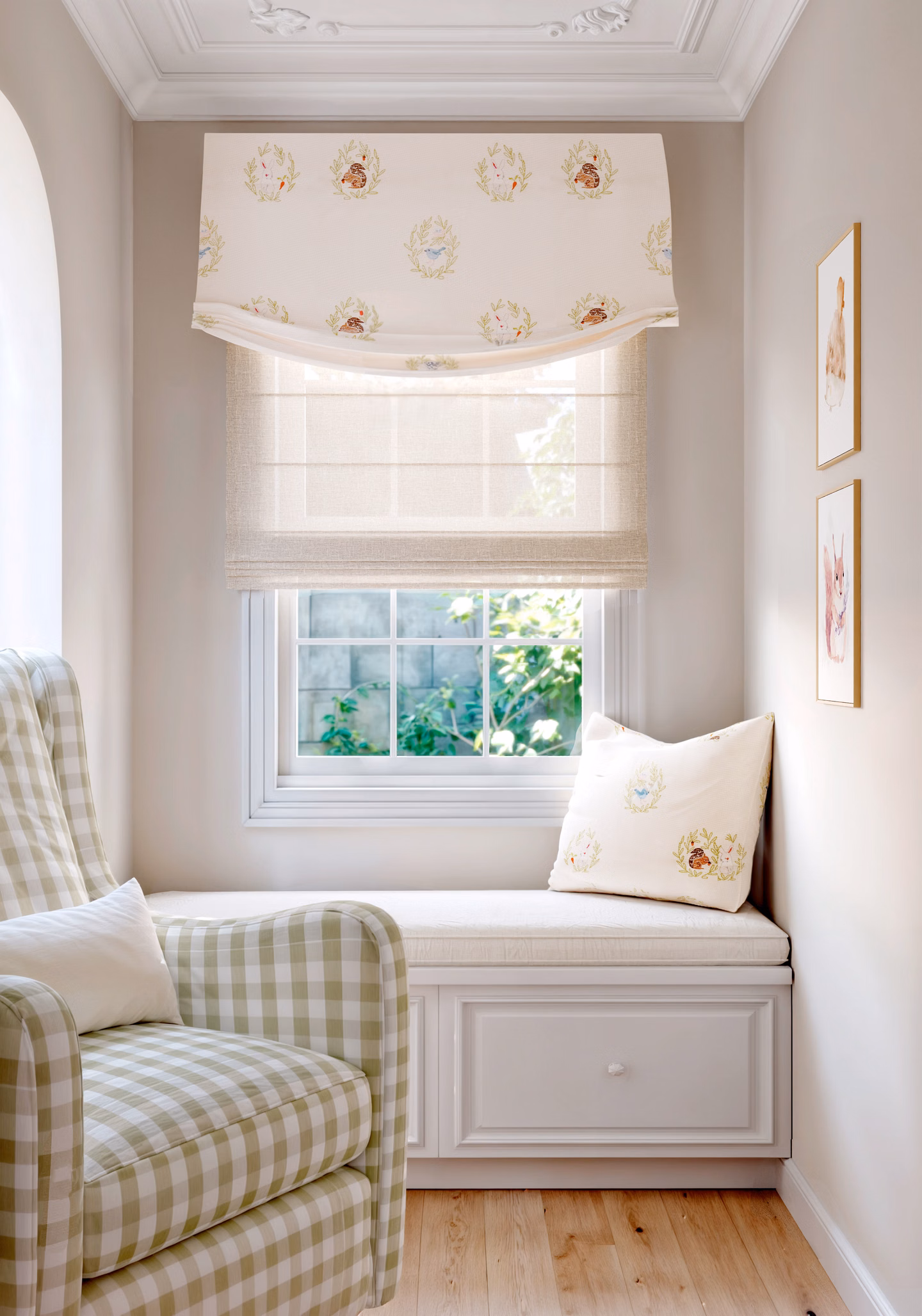 Cotton valance Roman shade in a reading nook