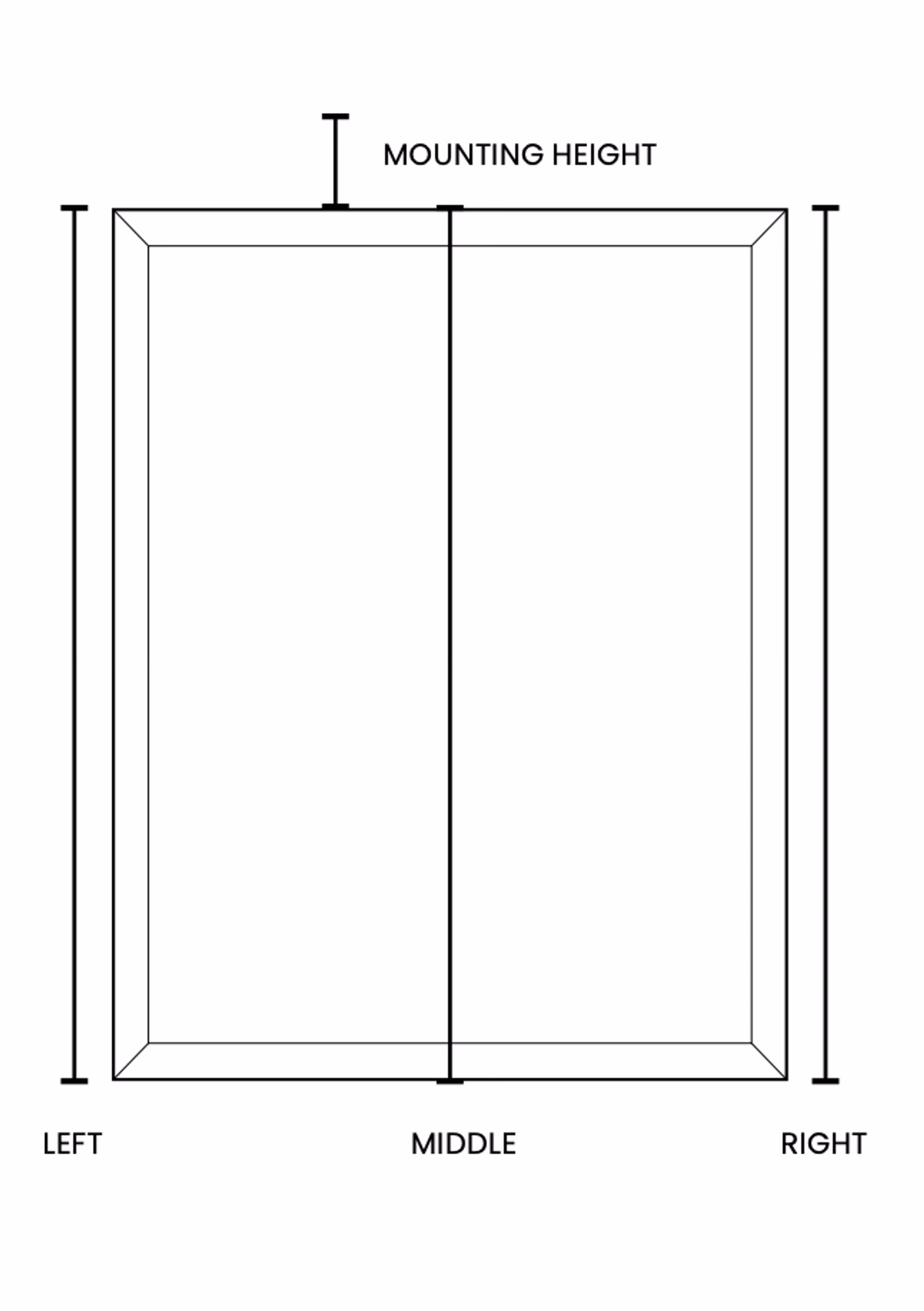 Diagram showing outside window height measurement at three points: left, center, and right — with mounting height indicated above the top of the window frame