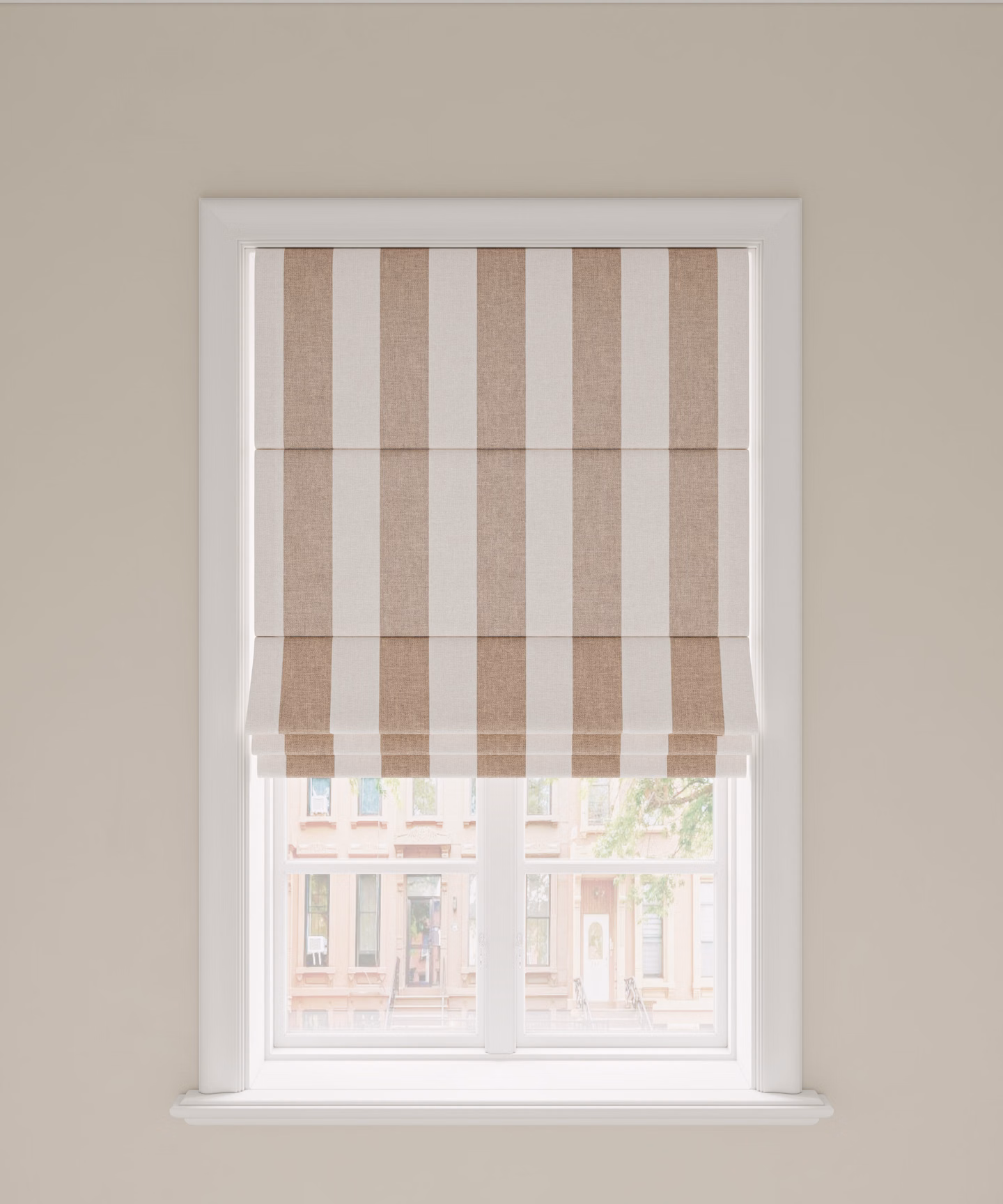 A pleated Roman shade with vertical stripes