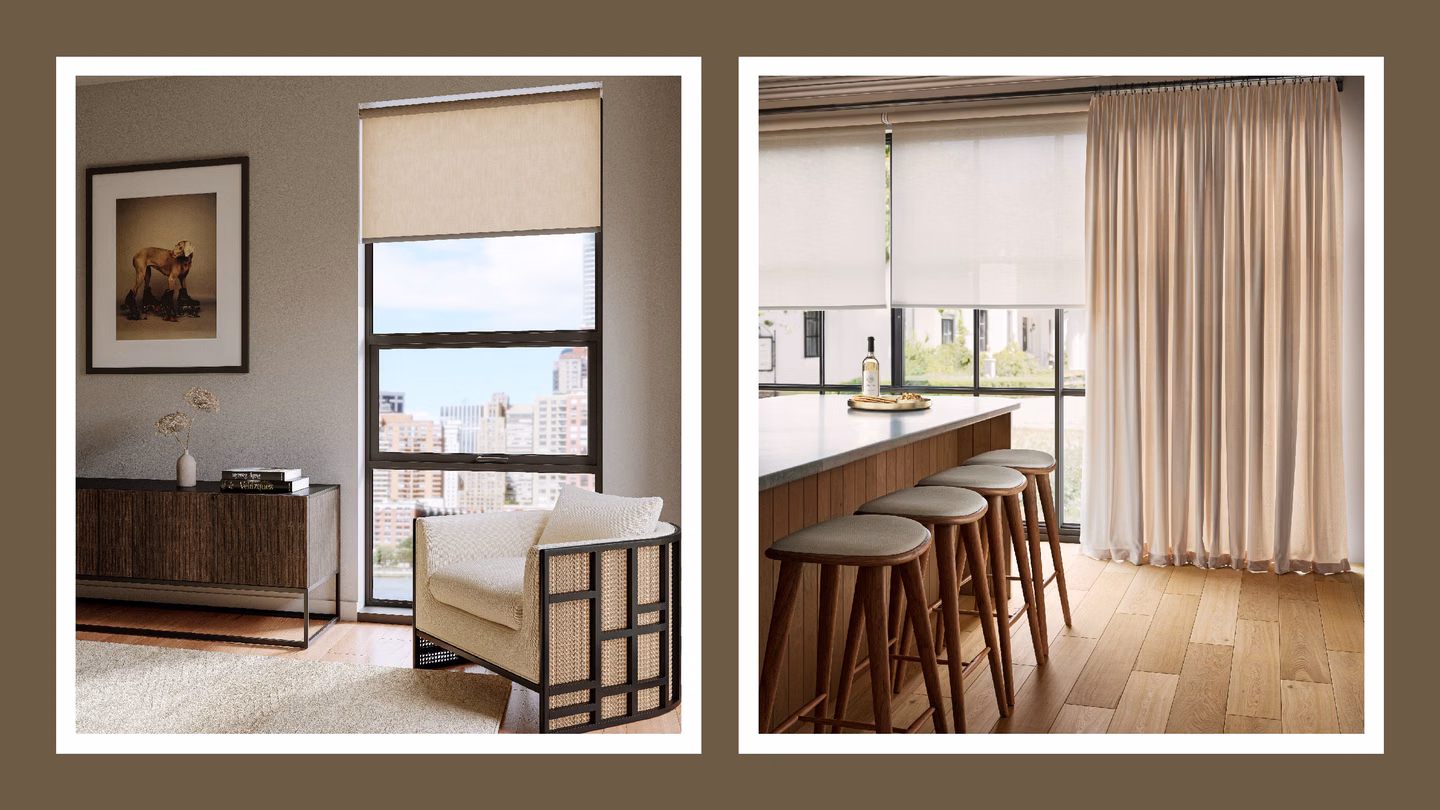 Side-by-side comparison of custom blinds showing plain white roller shades and an intricate layered design on home windows.