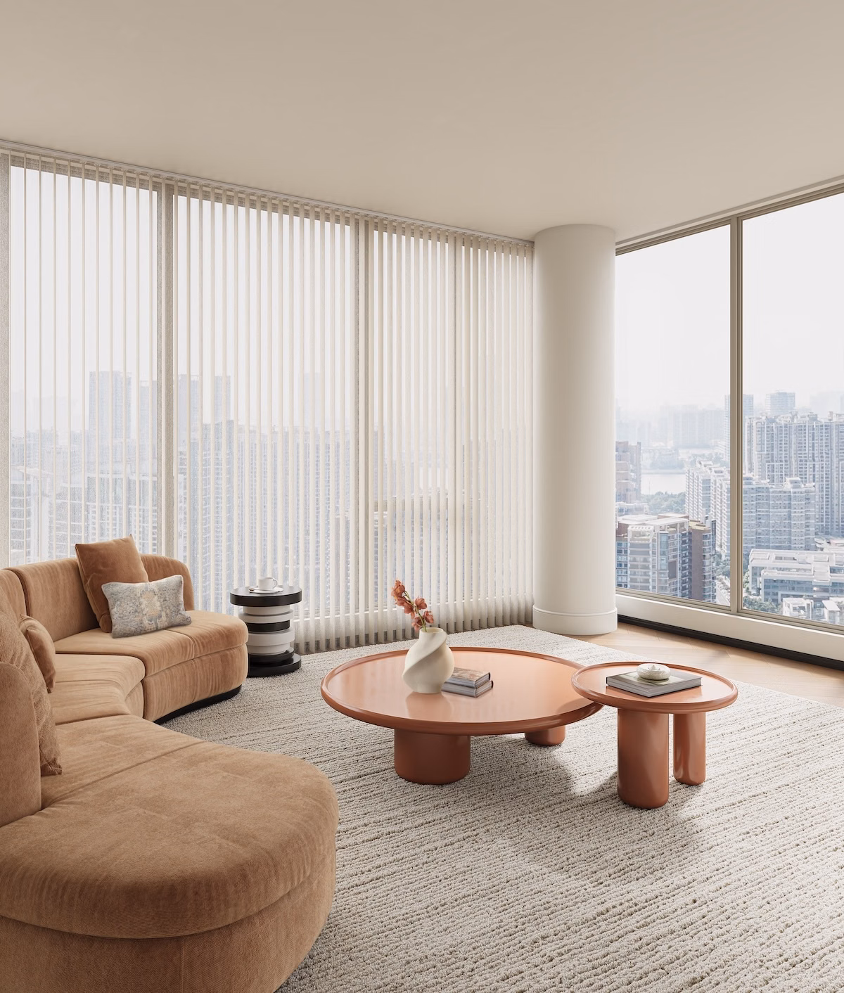 Modern living room with fabric vertical blinds offering superior light control and privacy, complementing the room’s stylish decor.