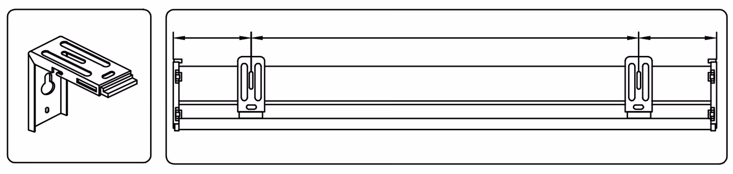Close-up of a cordless roller shade mounting bracket and Diagram showing the roller shade with mounting brackets