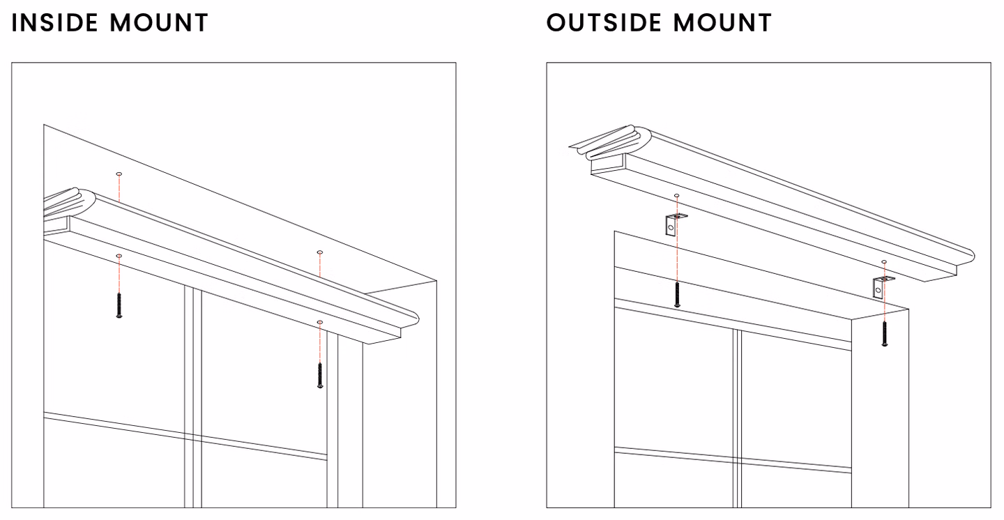 Diagrams showing a Roman shade headrail inside a window frame and above a window frame
