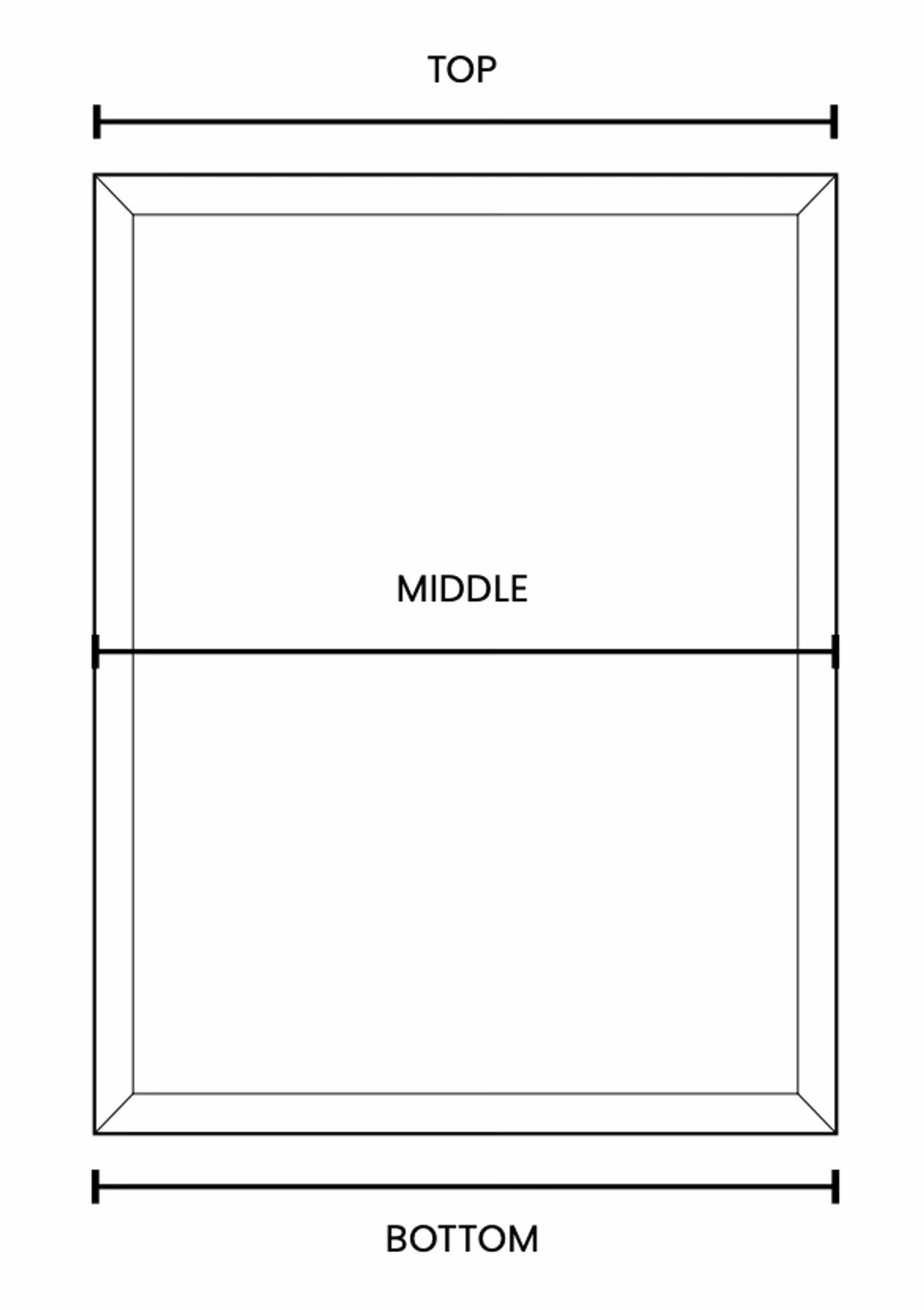 Diagram showing how to measure window width at three points — top, middle, and bottom — from outer edge to outer edge
