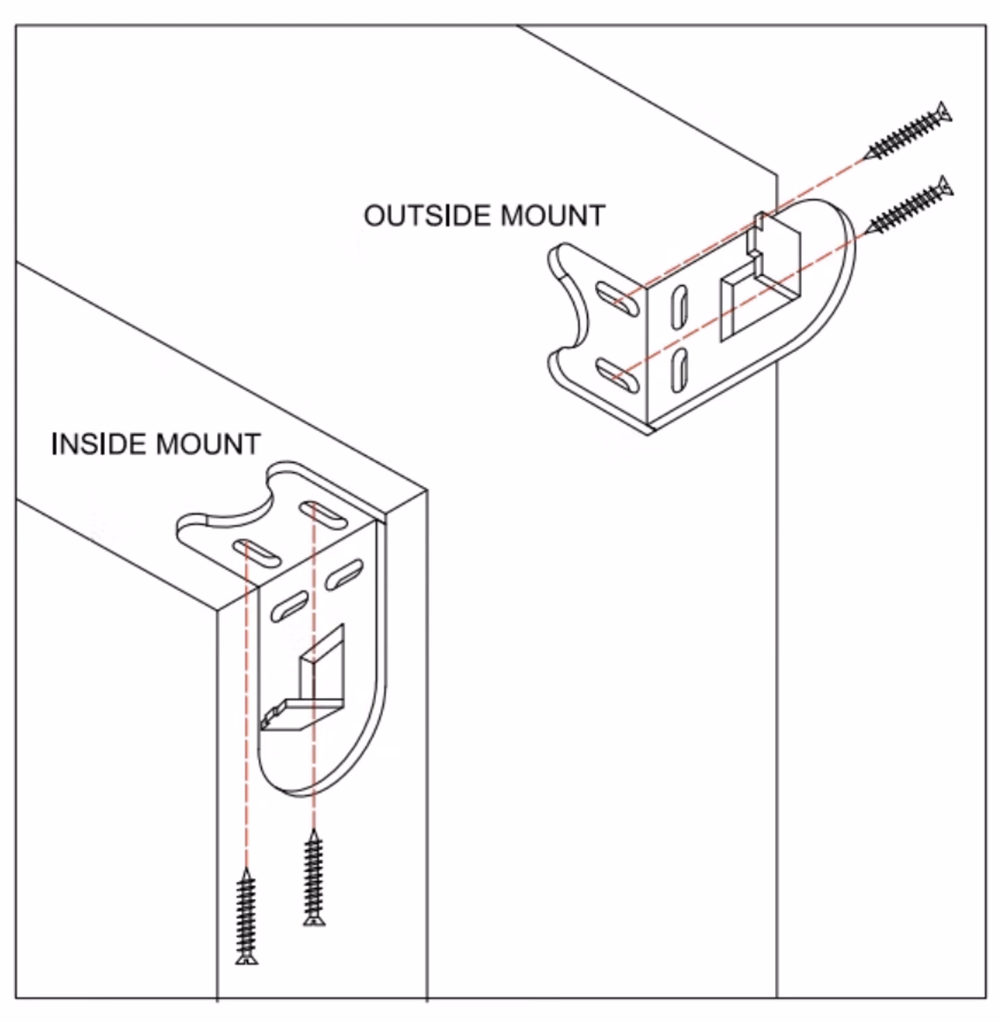 Diagram showing bracket installation for inside mount and outside mount roller shades with screw placement