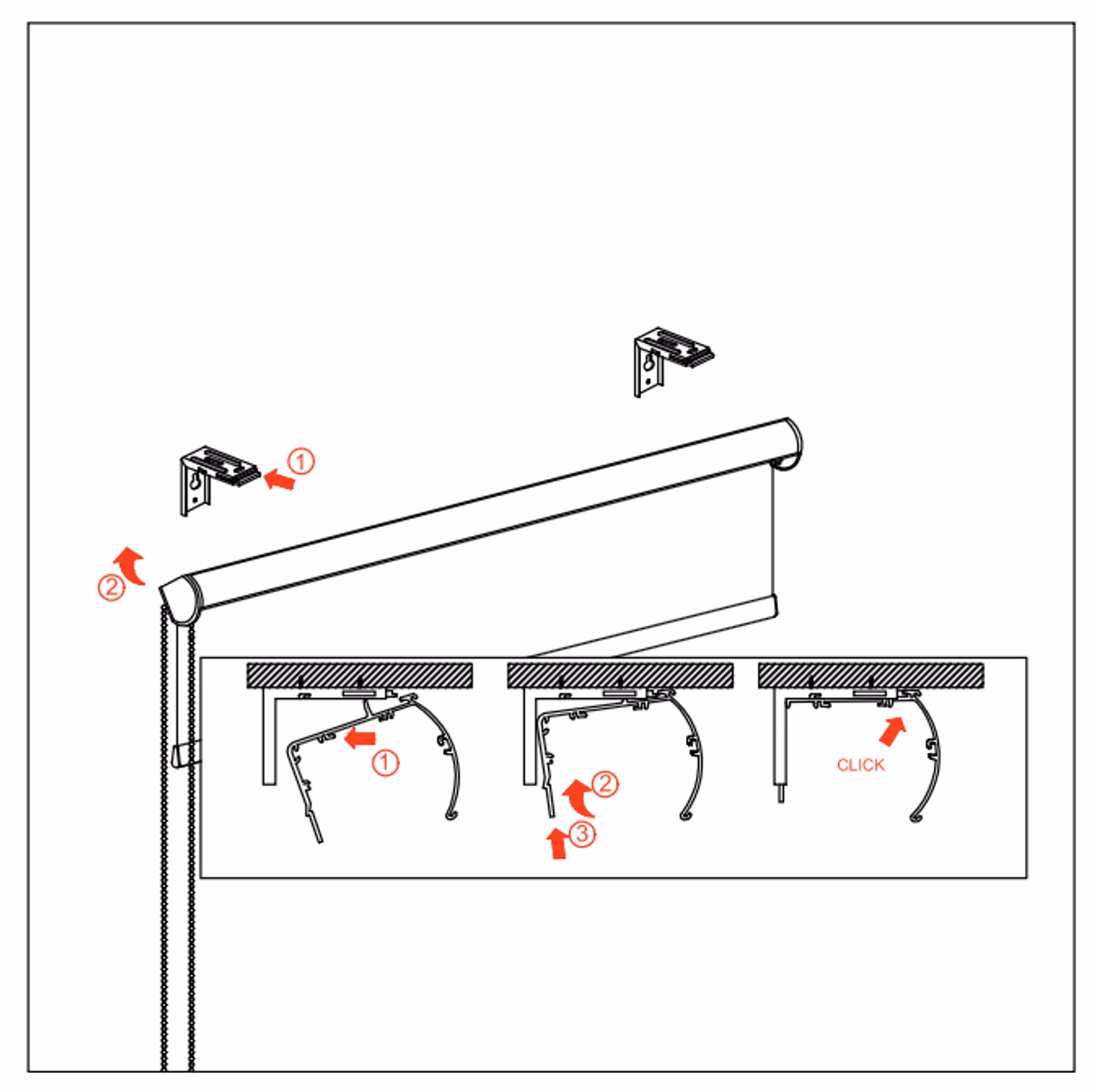 Diagram showing the valence tilted up to hook onto the bracket, then rotated back until it clicks into place