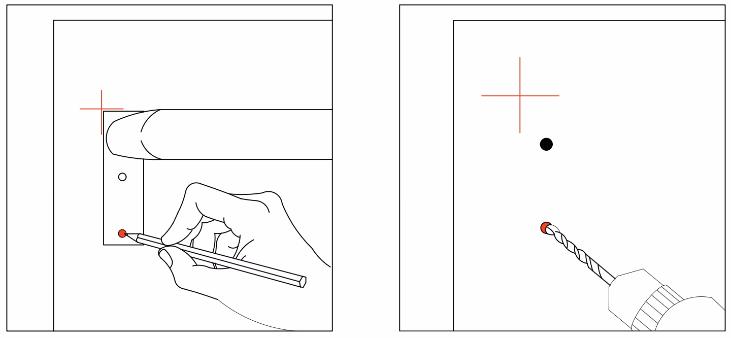 Hand marking a bracket screw hole position with a pencil and then a power drill creating a pilot hole