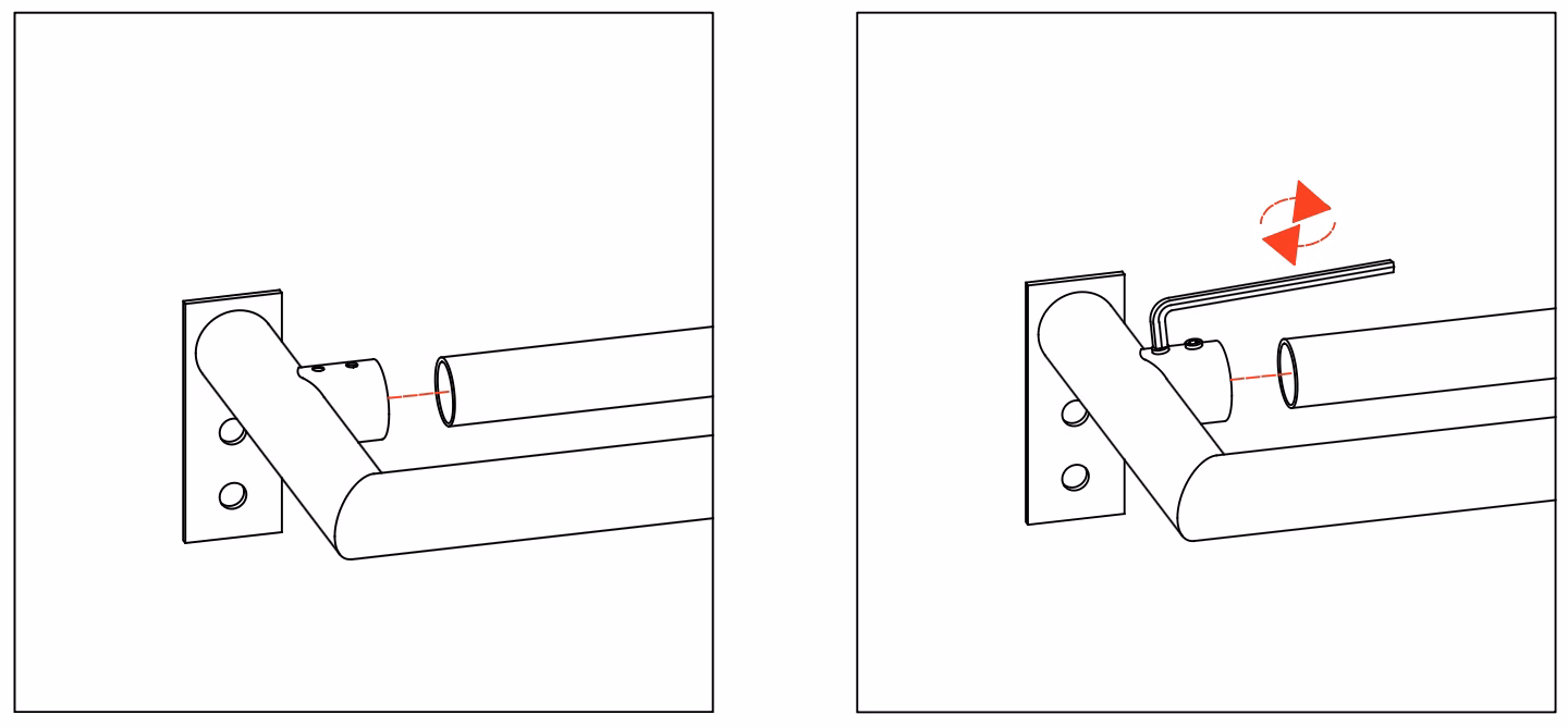 Diagrams showing how to install the back rod using the socket brackets