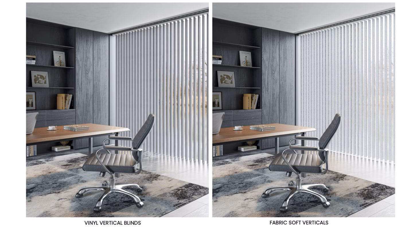 Side-by-side view of fabric and vinyl vertical blinds on large windows, showing differences in texture, light filtering, and style.